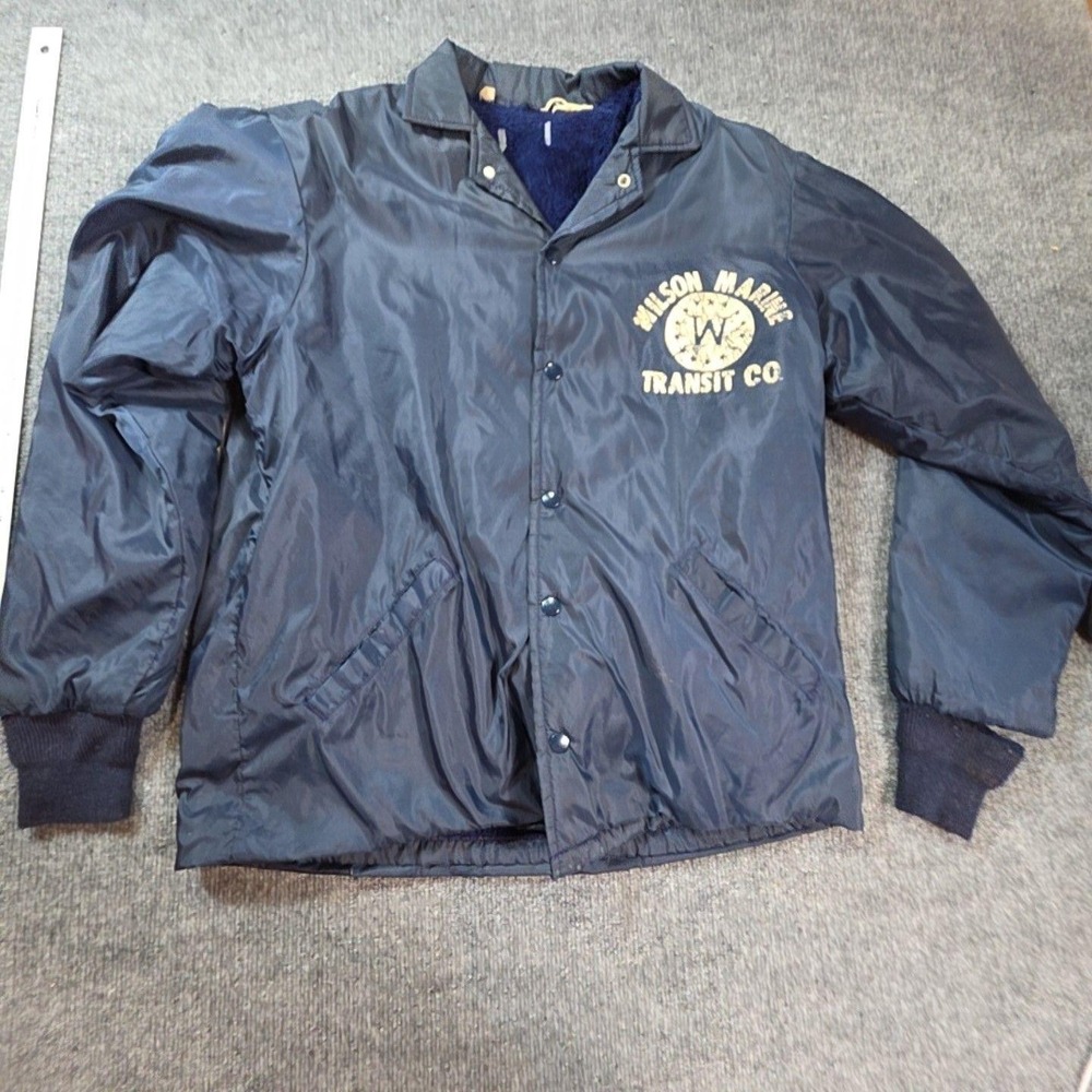 Vintage Wilson Marine Transit Co Jacket Mens XL Blue Nylon Snap Lined Workwear